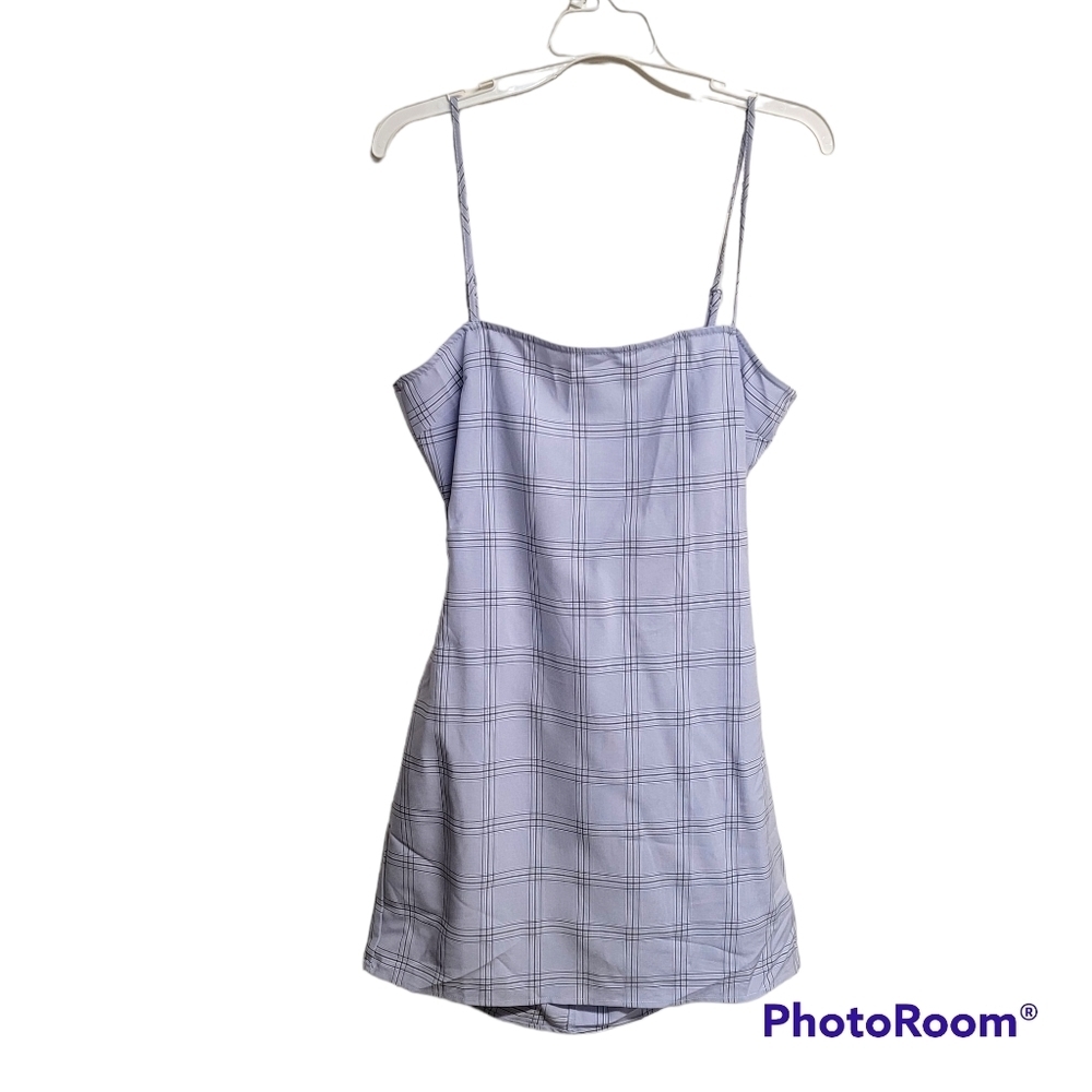 Tobi Light Blue Plaid Open Tie Back Mini Dress